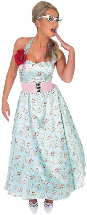 50's Blue Print Day Dress Ladies Fancy Dress Costume (DISC)