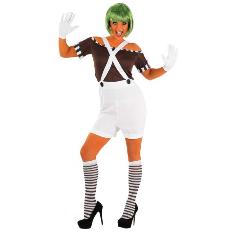 Roald Dahl Sexy Chocolate Factory (Umpa Lumpa) Worker with Wig Ladies Fancy Dress Costume