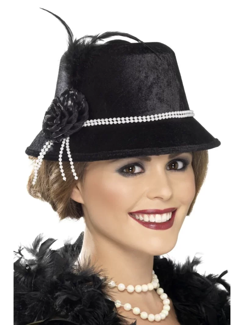 1920's Black Hat with Beads & Flower