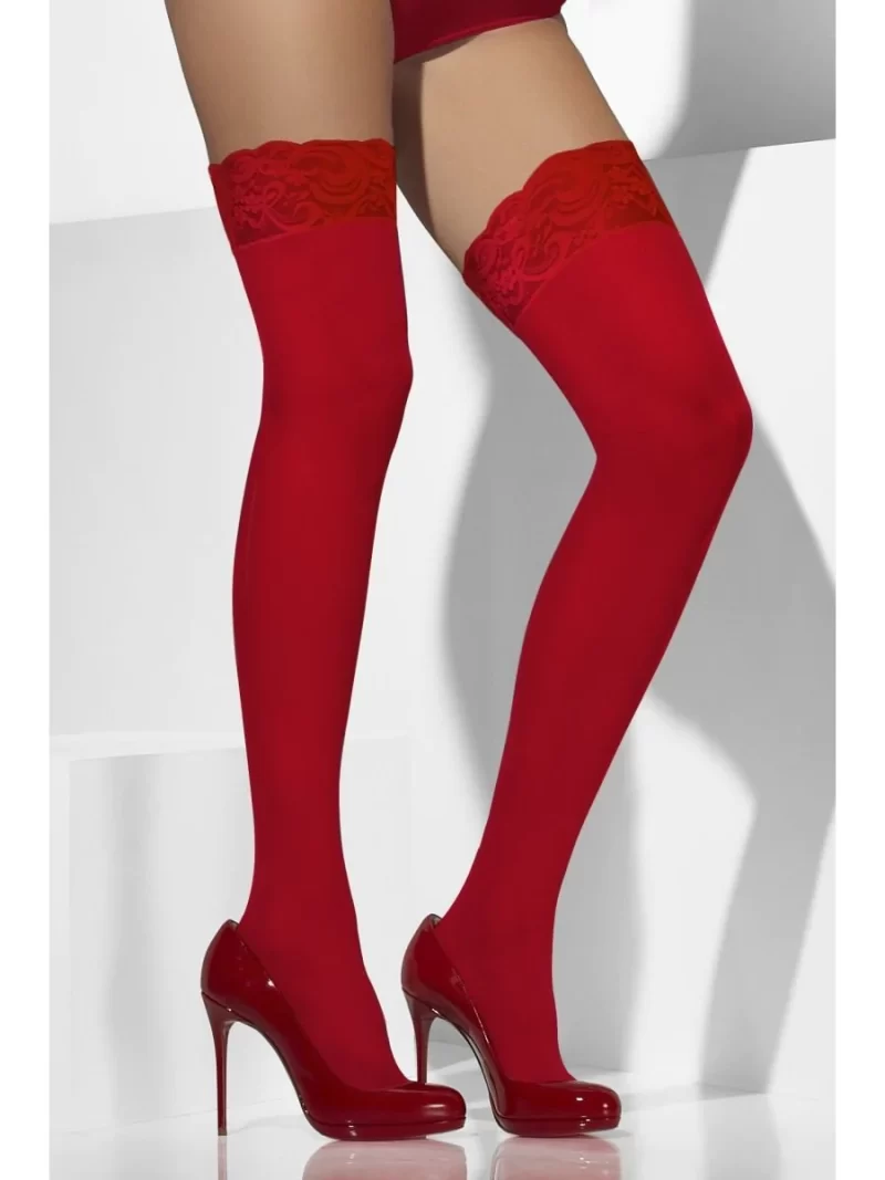 Red Sheer Hold Up Stockings with Lace Tops