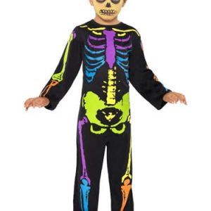 Punky Multi-Neon Skeleton Boy Childrens Halloween Fancy Dress Costume
