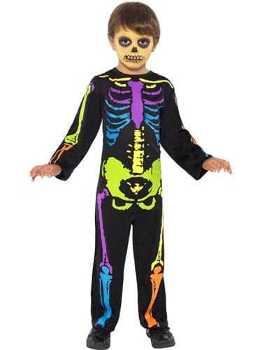 Punky Multi-Neon Skeleton Boy Childrens Halloween Fancy Dress Costume