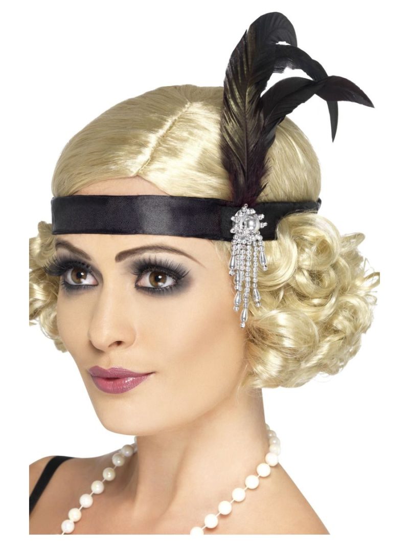 Charleston/Flapper Headband Black with Black Feather