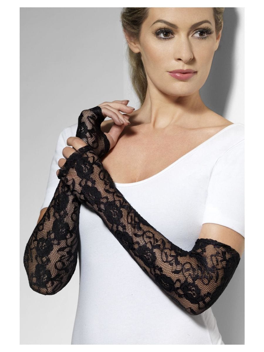 Black Gothic Lace Full Length Fingerless Gloves-0