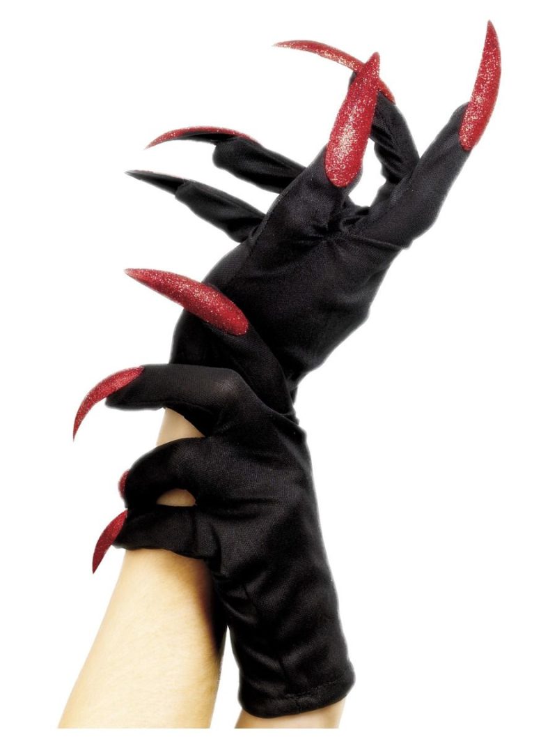 Black Short Demon Claws Gloves with Red Glitter Nails