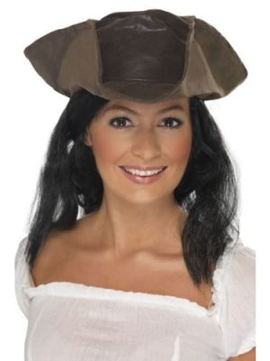 Pirate Brown Leather Look Hat with Hair