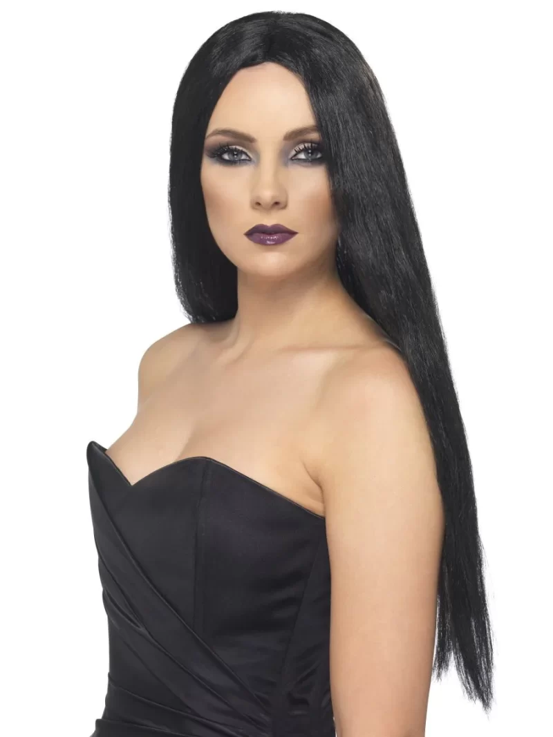 Black Witch/Morticia Wig with Centre Parting