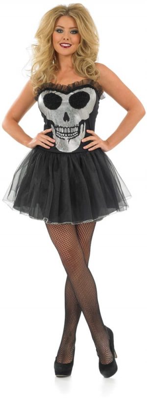Glitzy Skull Tutu Dress Ladies Halloween Fancy Dress Costume