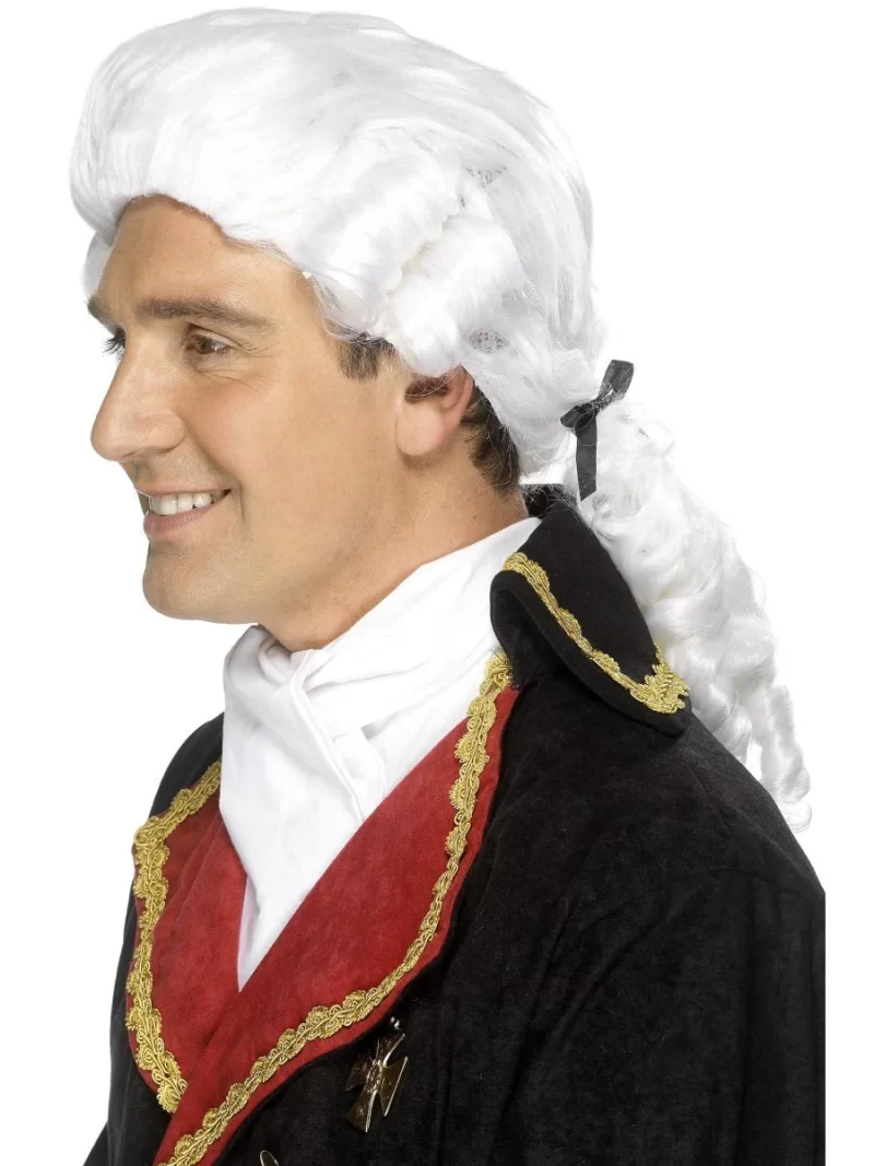 Court Gent Wig White with Black Ribbon & Ringlets