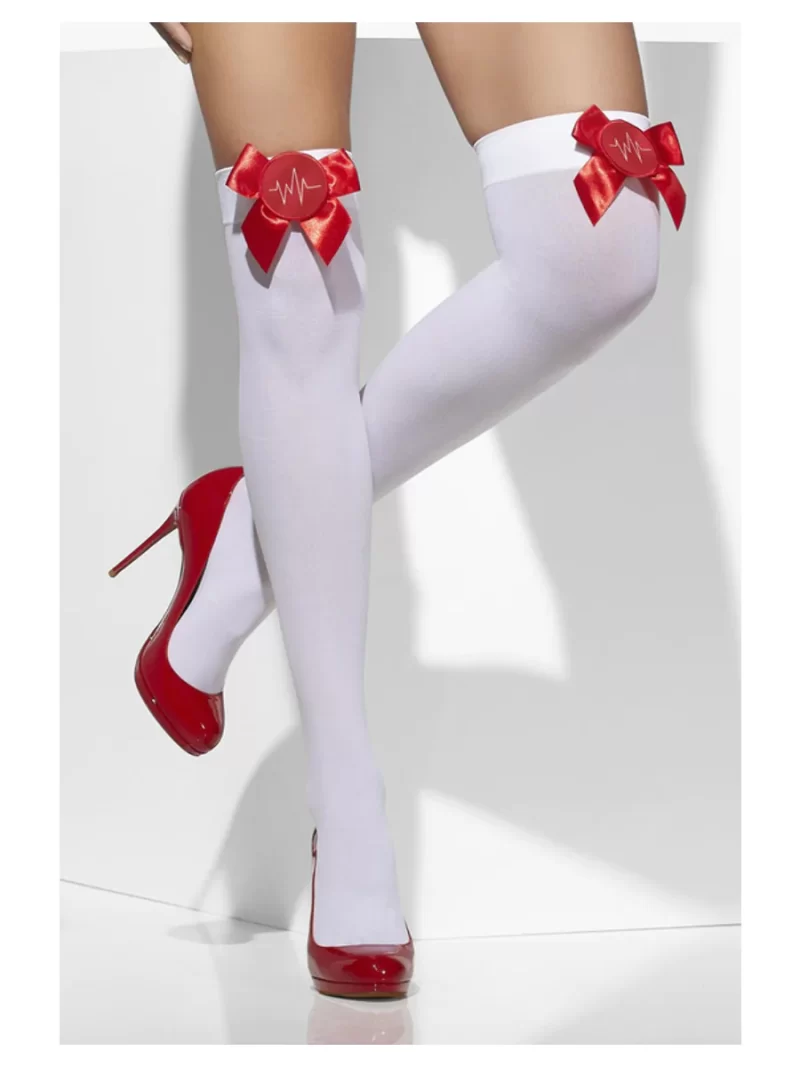 White Thigh High Stockings with Red Cross Bows