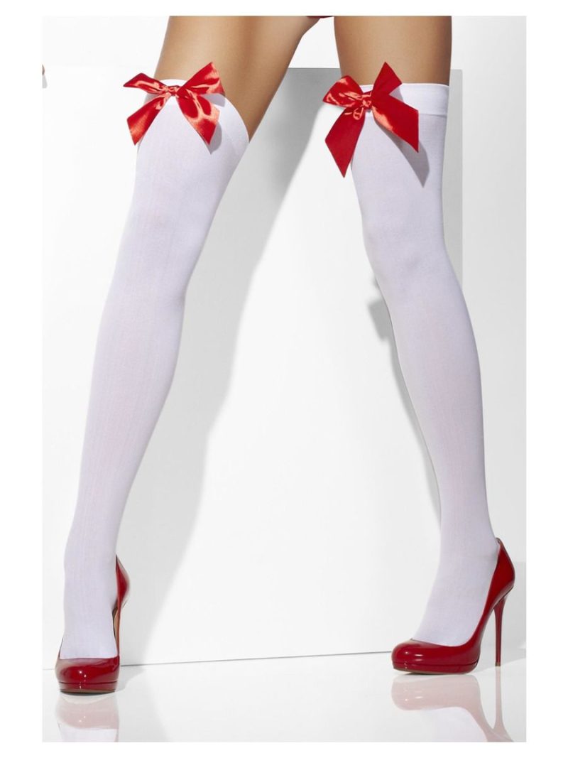 White Thigh High Stockings with Red Bows - Image 2