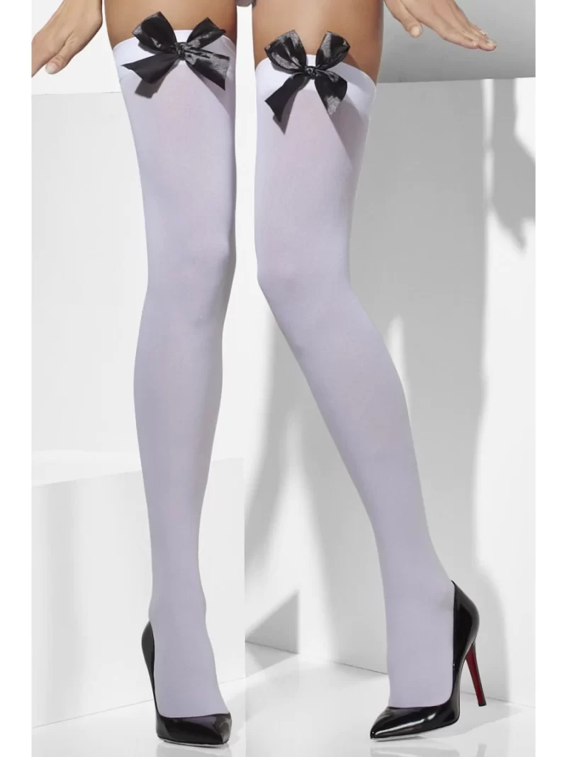 White Thigh High Stockings with Black Bows - Image 2