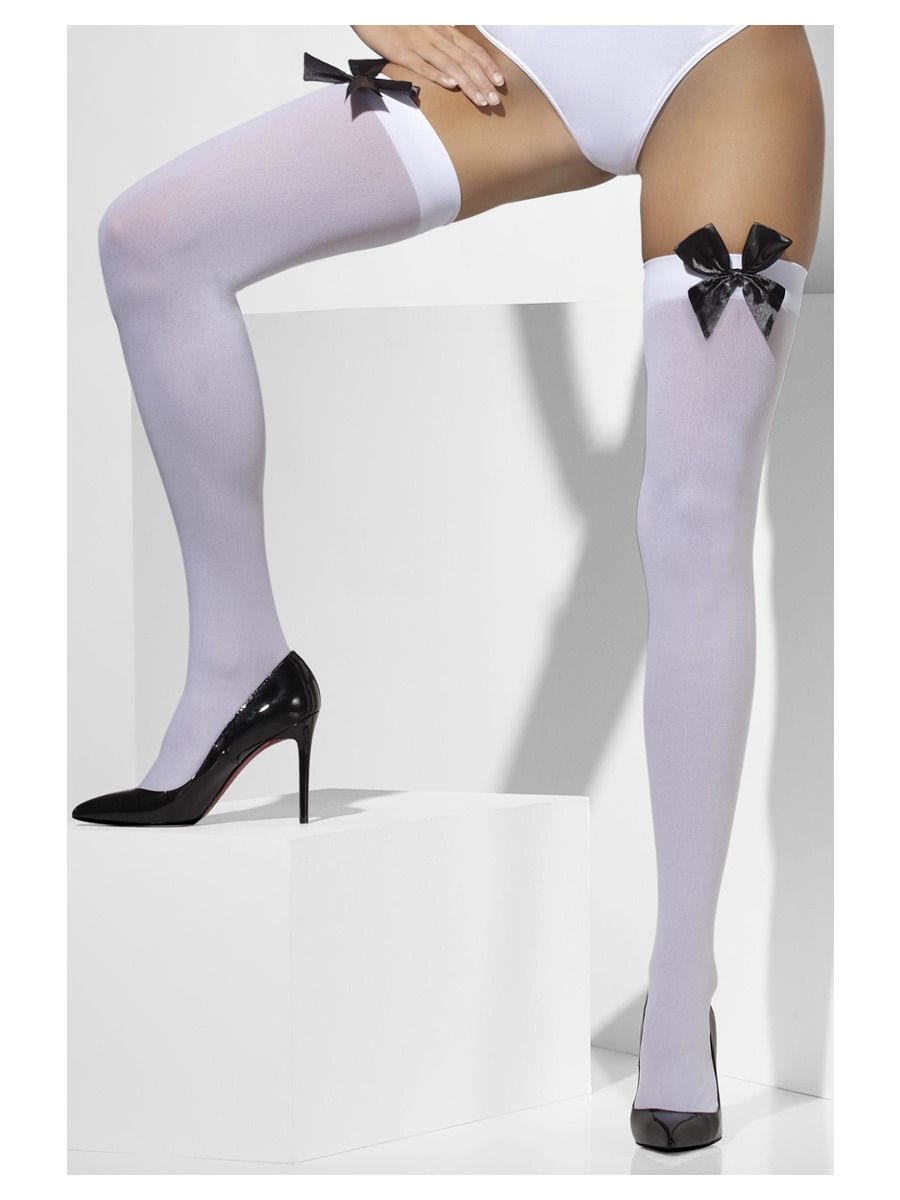 White Thigh High Stockings with Black Bows