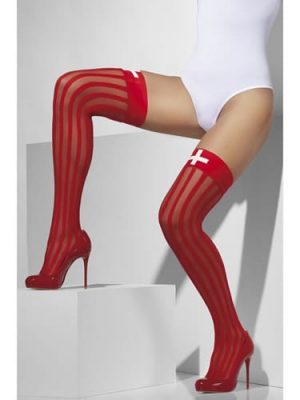 Red Nurse Thigh High Stockings with Cross Motif