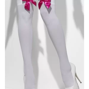 White Thigh High Stockings with Pink Bows