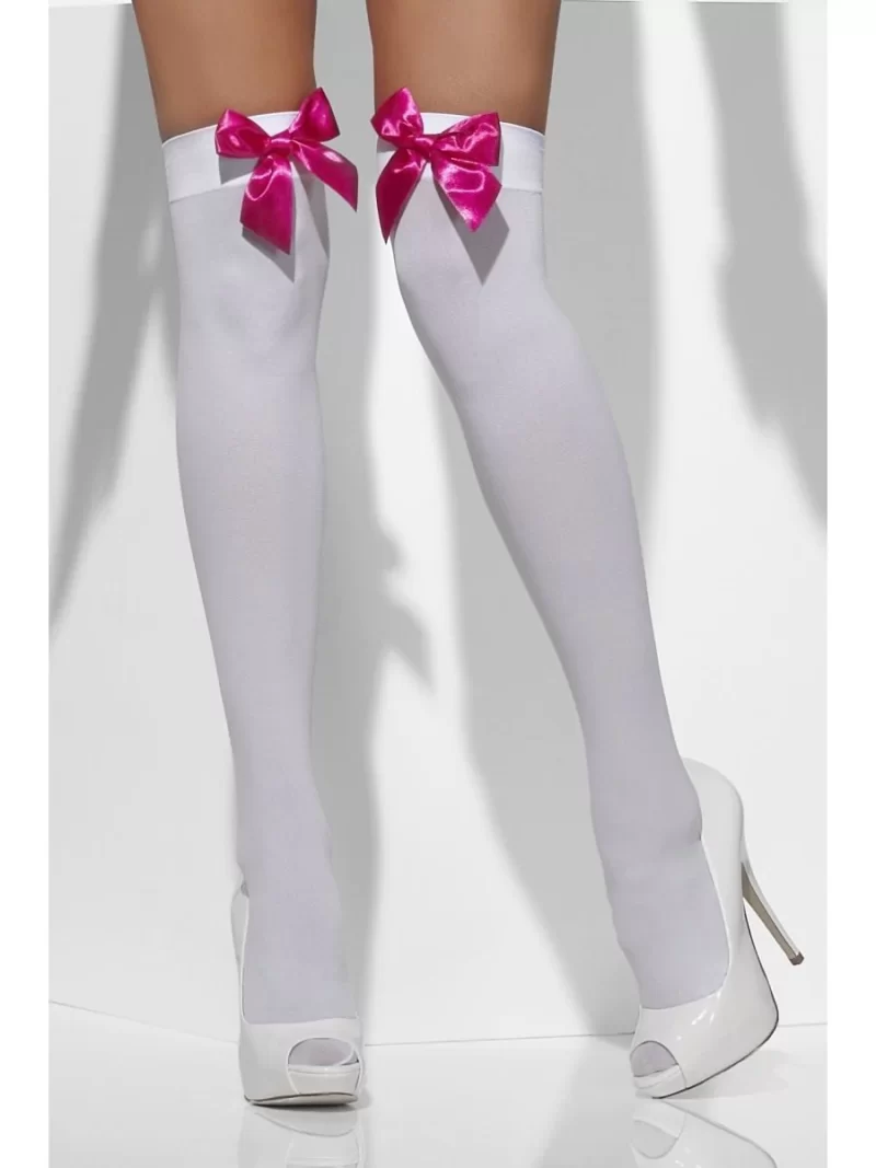 White Thigh High Stockings with Pink Bows