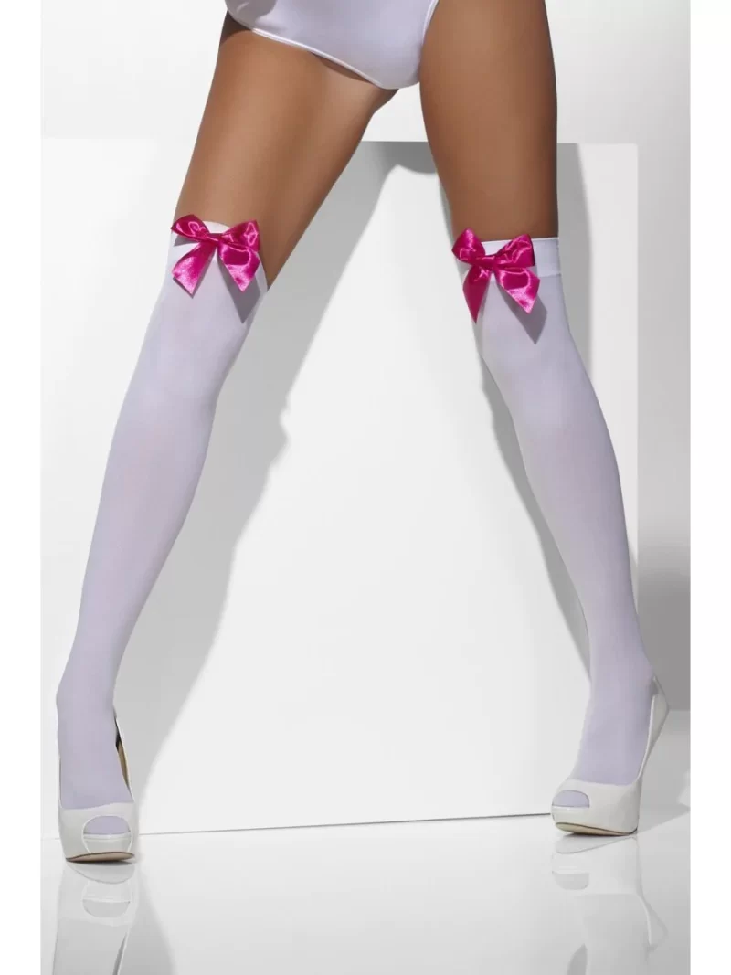 White Thigh High Stockings with Pink Bows - Image 2