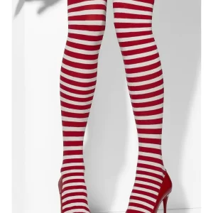 Red/White (Wally) Striped Opaque Hold Up Stockings