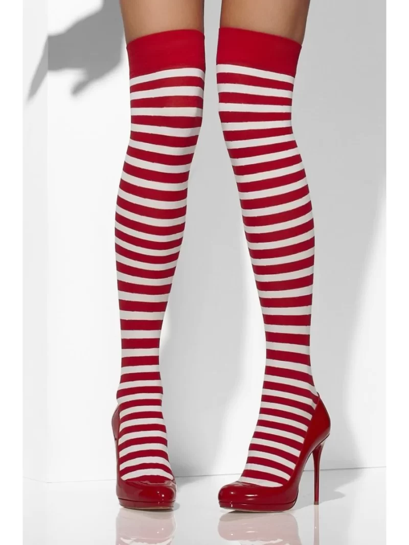 Red/White (Wally) Striped Opaque Hold Up Stockings