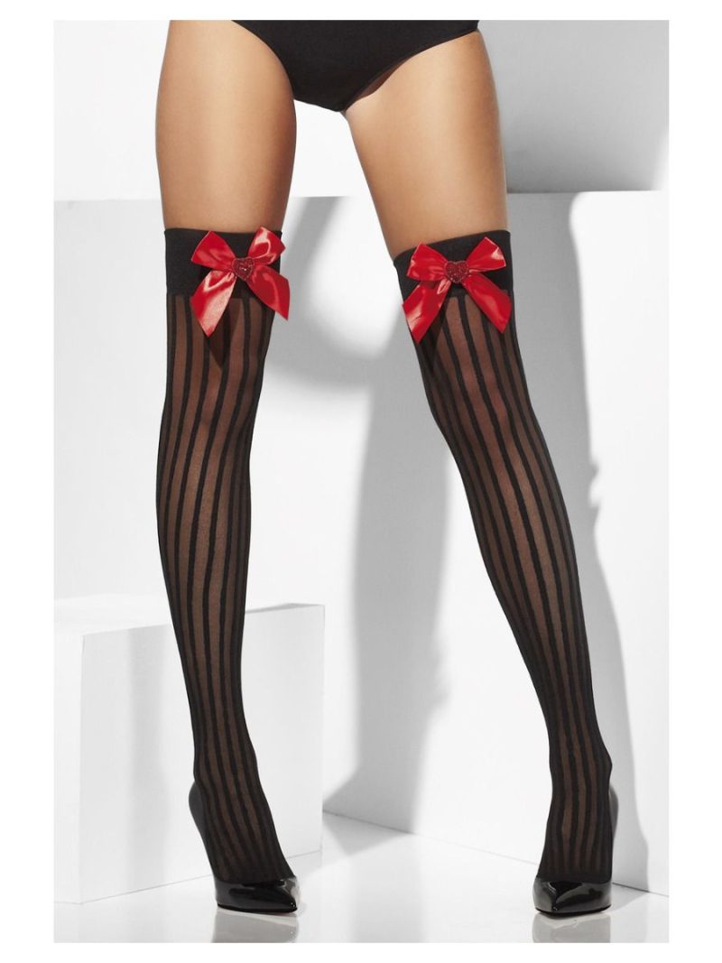Thigh High Stockings with Red Bow & Sequin Heart Detail