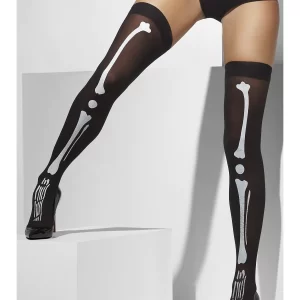 Skeleton Print Black Thigh High Stockings