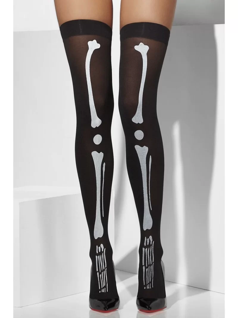Skeleton Print Black Thigh High Stockings - Image 2