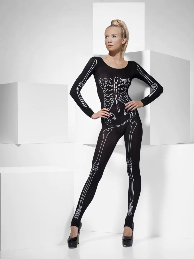 Fever Skeleton Bodysuit Ladies Halloween Fancy Dress Costume