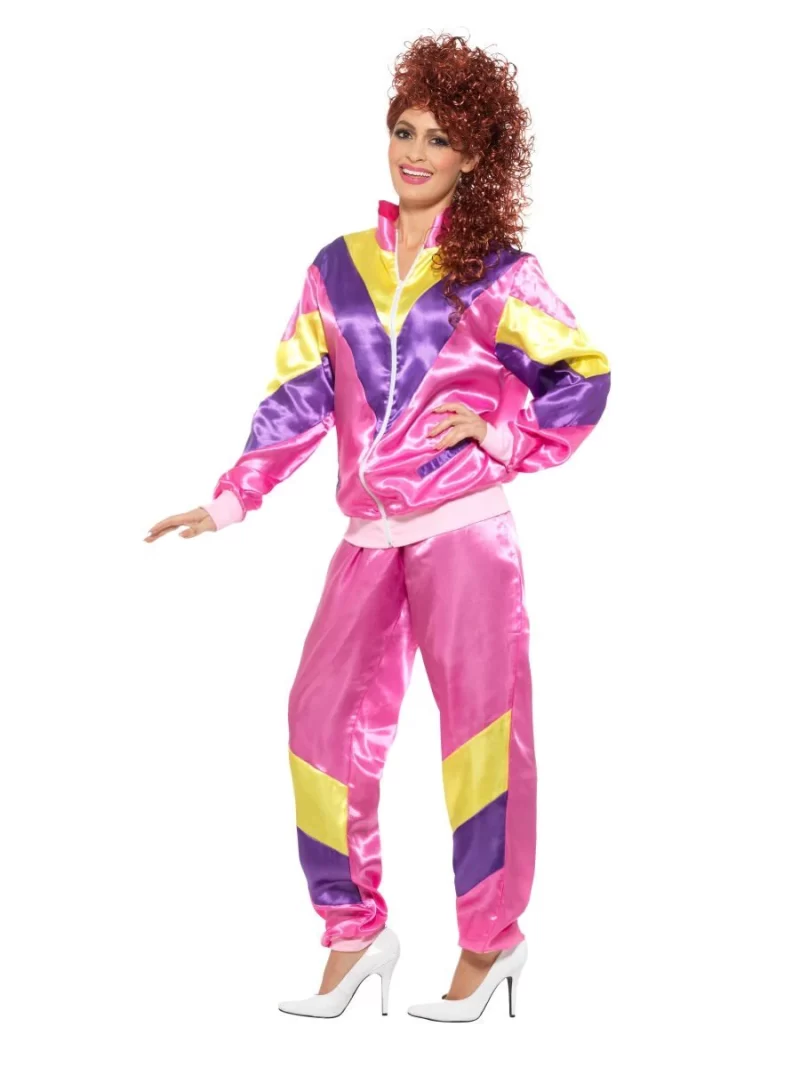 80's Height of Fashion Pink Shell Suit Ladies Fancy Dress Costume