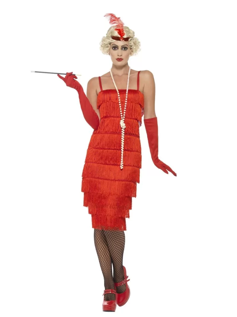 20s Red Fringed Flapper Long Ladies Fancy Dress Costume