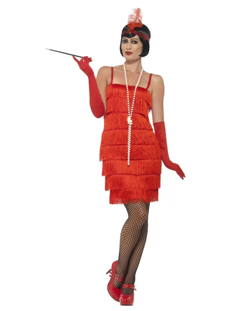 20s Red Fringed Flapper Short Ladies Fancy Dress Costume