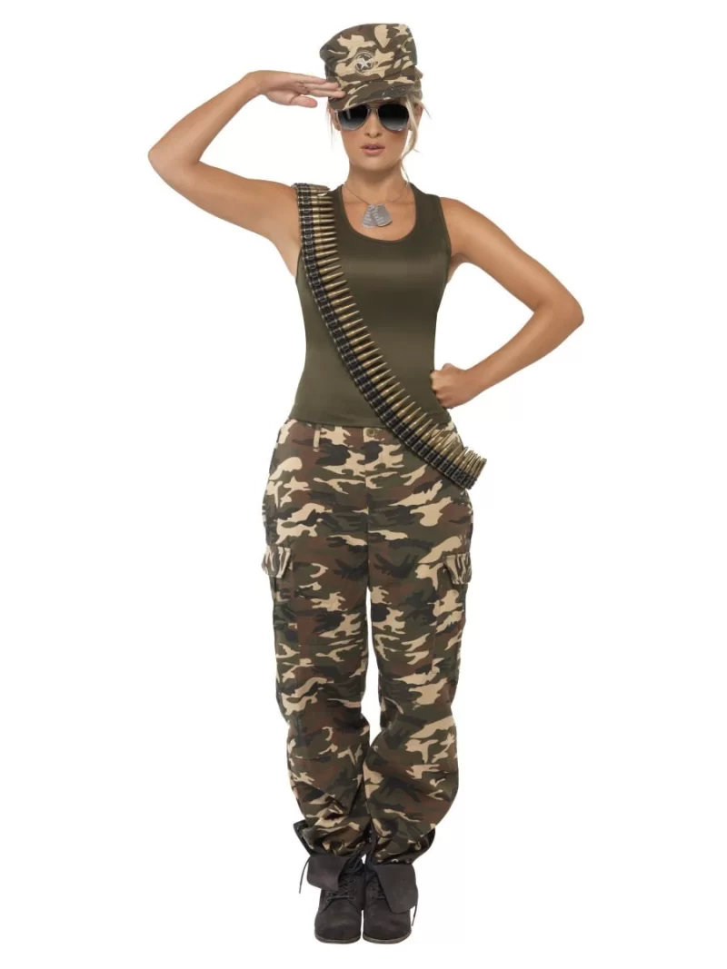 Deluxe Khaki Army/Camo Ladies Fancy Dress Costume - Image 2
