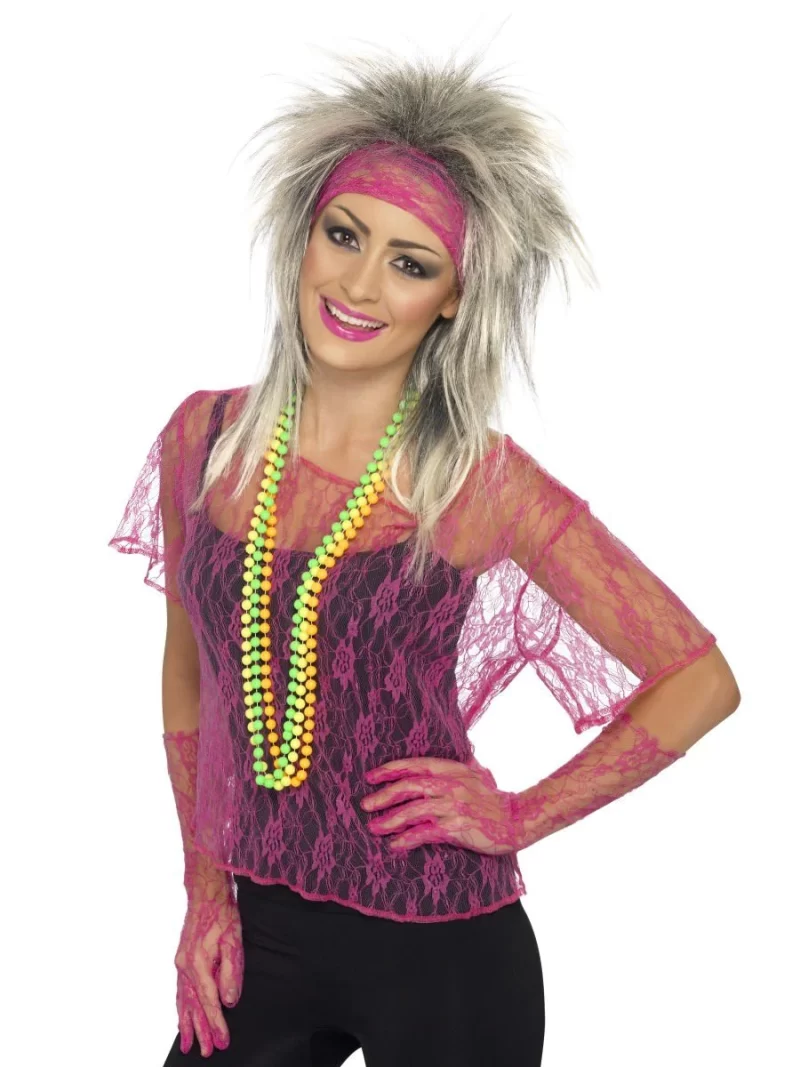 80's Lace Net Vest Set Neon Pink Ladies Fancy Dress Costume