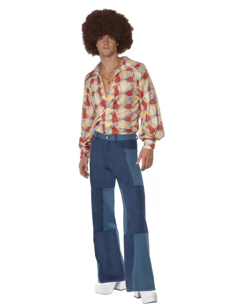 1970's Denim Look Patchwork Flares Men's Fancy Dress Costume