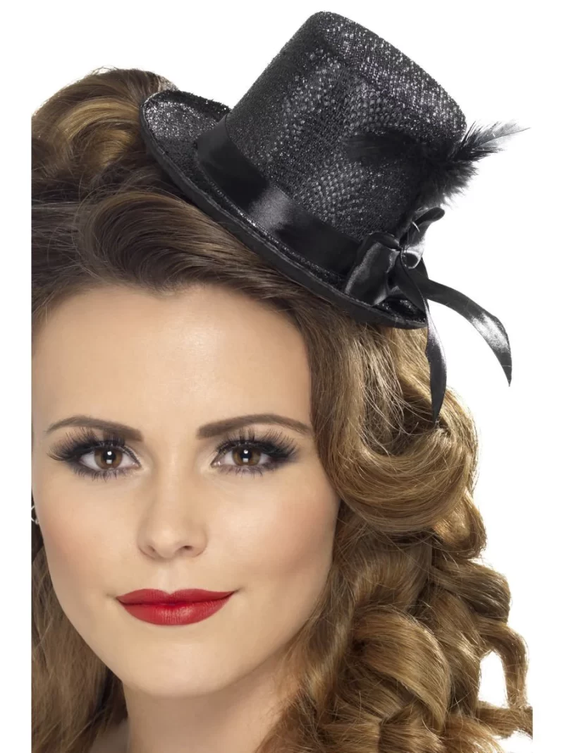 Mini Top Hat Black with Black Ribbon & Feather