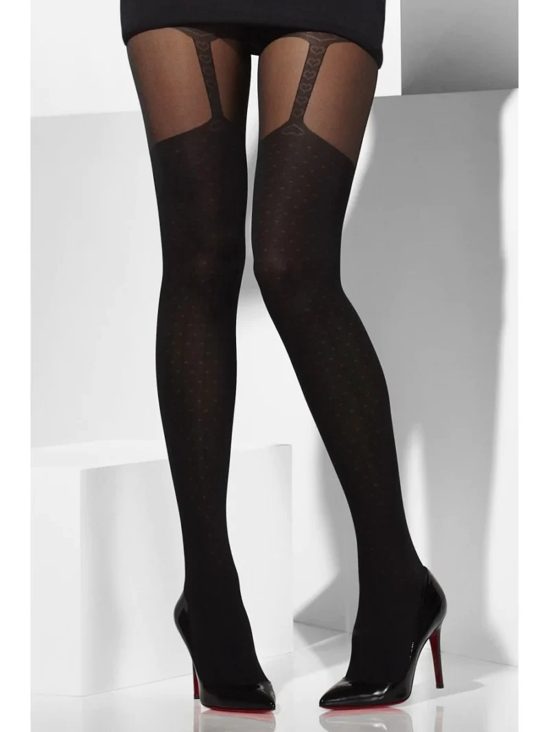 Black Tights with Mock Suspender Pattern - Image 2