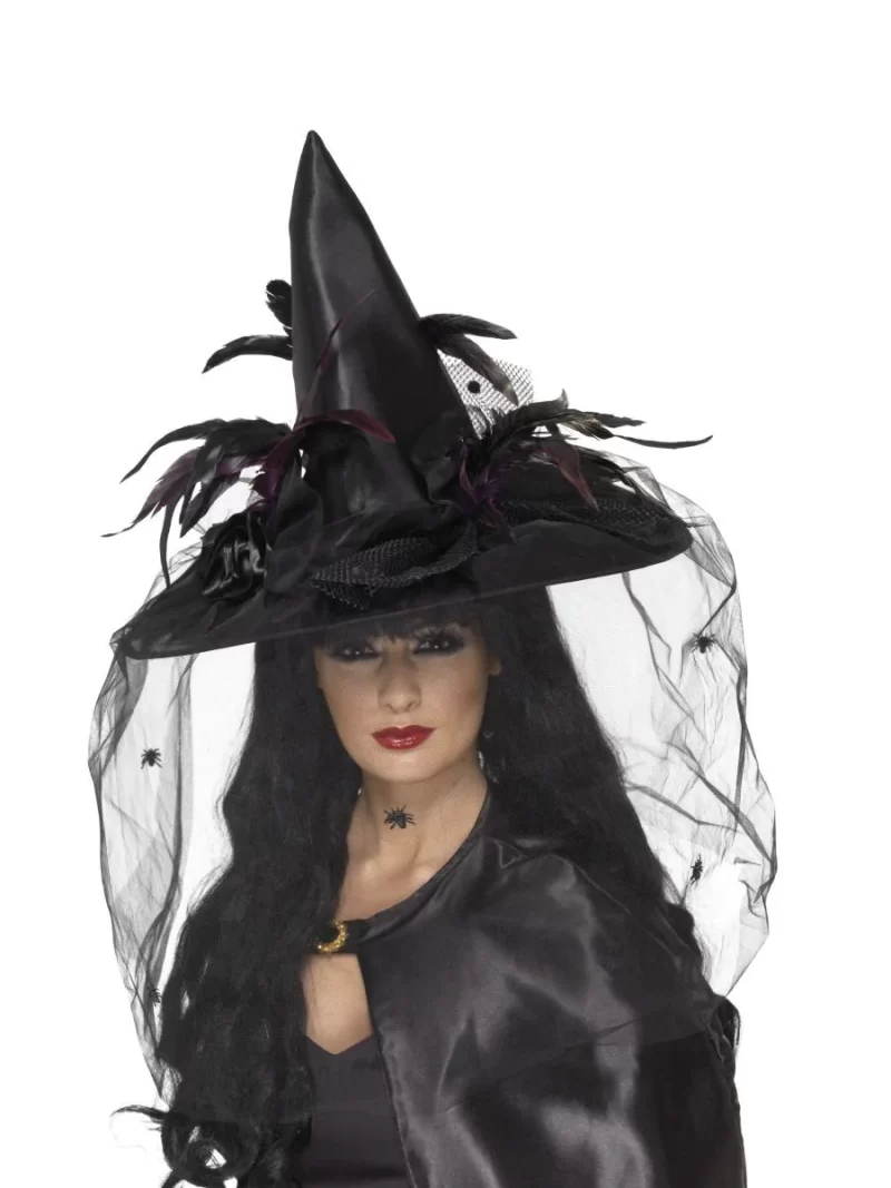 Deluxe Witches Hat Black with Net & Feathers