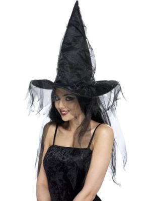 Witch's Hat Black with Long Net Hair