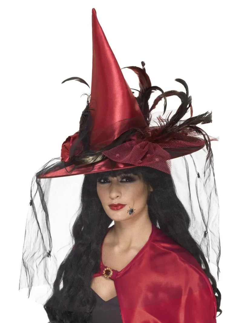 Deluxe Witches Hat Deep Red with Net & Feathers