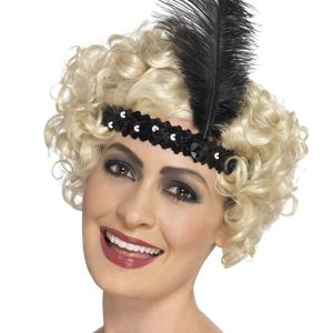 Sequinned Flapper Headband Black with Feather