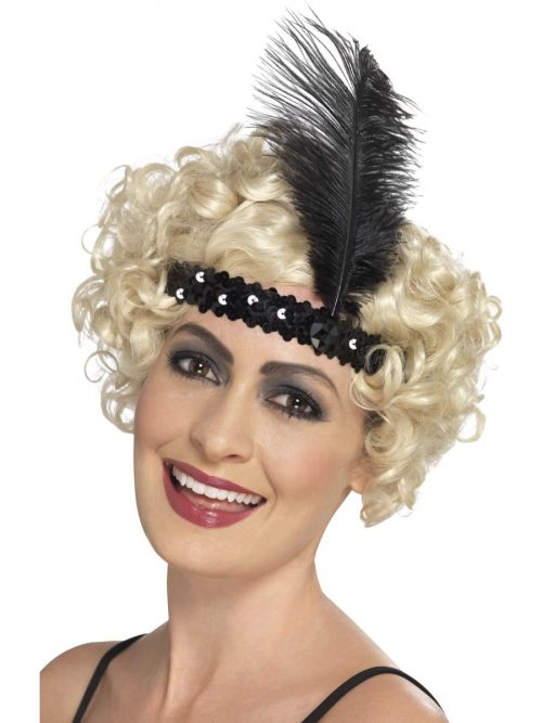 Sequinned Flapper Headband Black with Feather