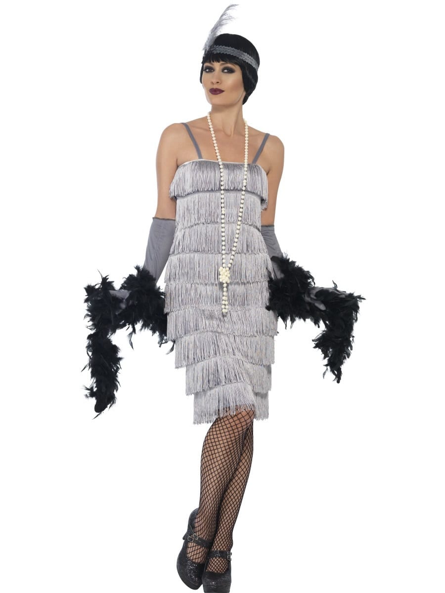 Silver Fringed Flapper Long Ladies Fancy Dress Costume