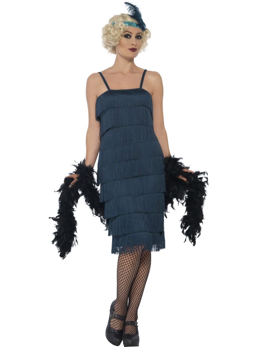 Teal Green Fringed Flapper Long Ladies Fancy Dress Costume