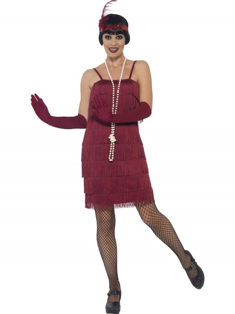 Burgundy Red Fringed Flapper Short Ladies Fancy Dress Costume