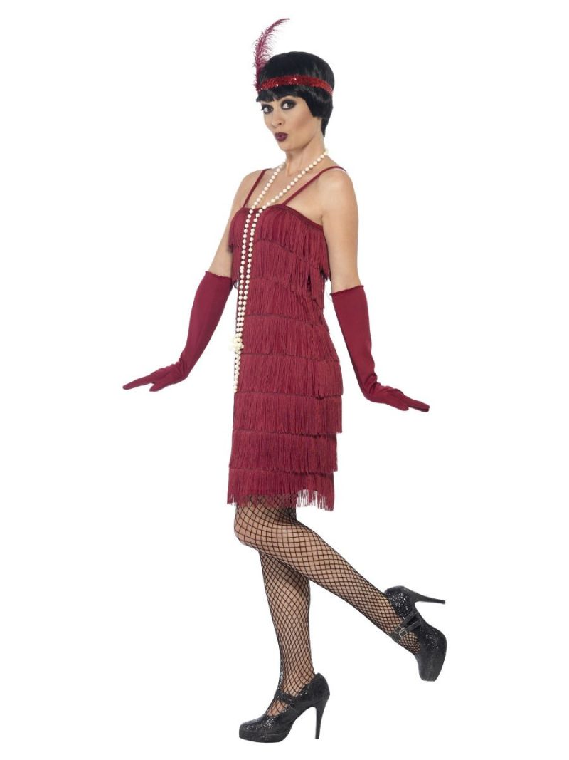 20s Burgundy Red Fringed Flapper Short Ladies Fancy Dress Costume - Image 2