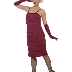Burgundy Red Fringed Flapper Long Ladies Fancy Dress Costume