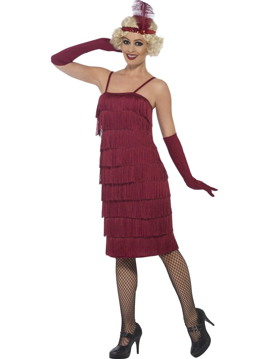 Burgundy Red Fringed Flapper Long Ladies Fancy Dress Costume