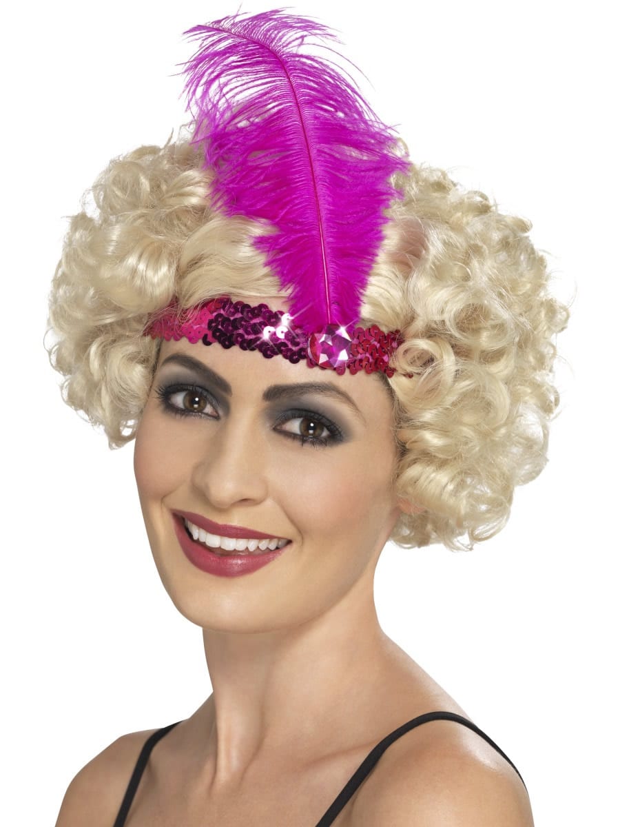 Sequinned Flapper Headband Pink with Feather