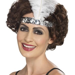 Sequinned Flapper Headband Silver with Feather