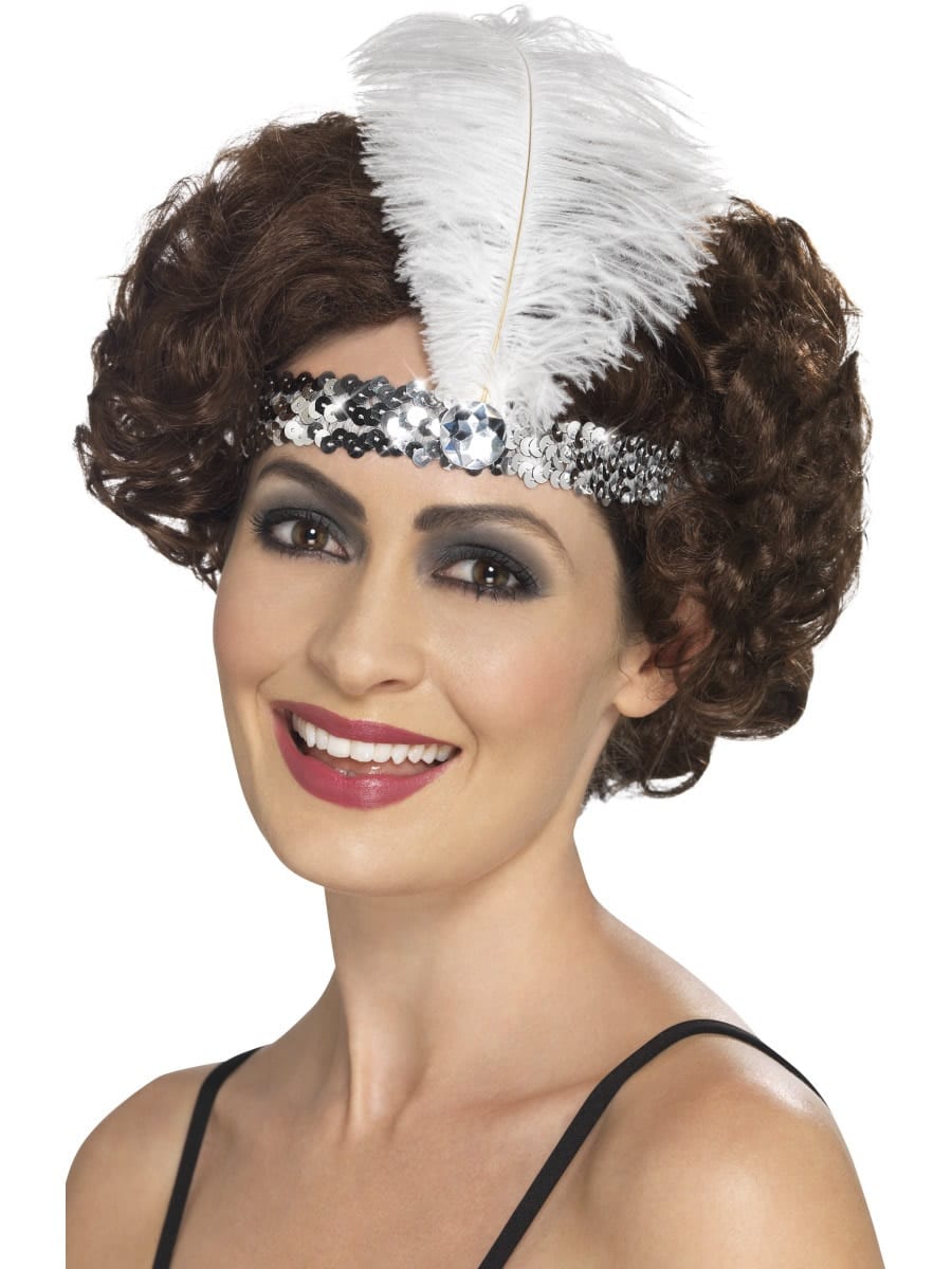 Sequinned Flapper Headband Silver with Feather