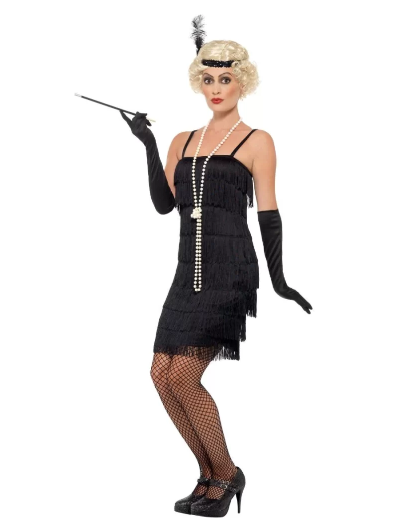 20s Black Short Fringed Flapper Ladies Fancy Dress Costume - Image 2
